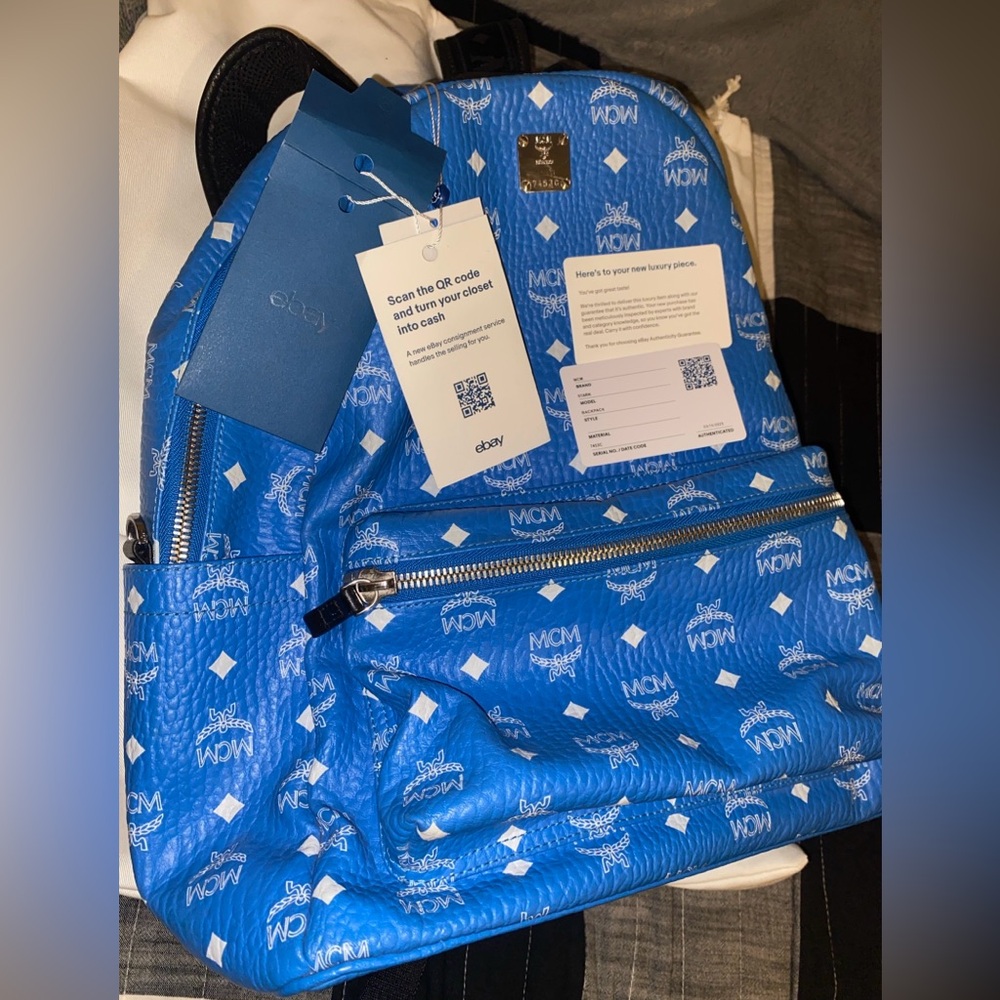 Rare* Mcm Vibrant Blue Patterned Backpack Authent… - image 1